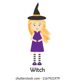 Witch in cartoon style, halloween card for kid, preschool activity for children, vector illustration