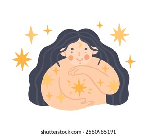 Witch. Cartoon vector illustration of woman with stars isolated on white background. Body positive. 