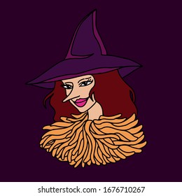 witch cartoon vector portrait with purple hat and brown fur cloth icon vector illustration