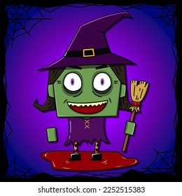 A witch in cartoon vector style is depicted with a pointy hat, a broomstick, a dark purple dress, and green skin. She is standing on a bloody floor with a purple background and black spider web frame.