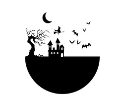 Witch, Castle And Bat, Black Silhouette Vector On White Background