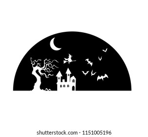 witch, castle and bat, black silhouette vector on white background