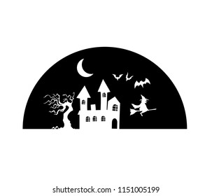 witch, castle and bat, black silhouette vector on white background