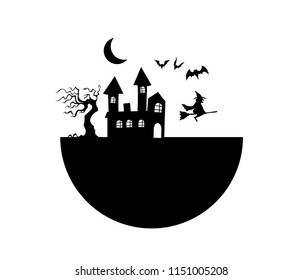 witch, castle and bat, black silhouette vector on white background