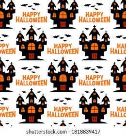 Witch castle with flying bats. Halloween seamless pattern. Isolated on a white background. Vector stock illustration.