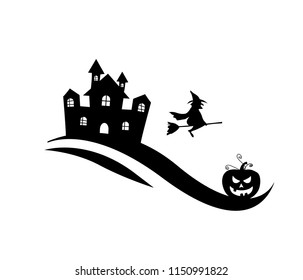 witch and castle on white background, silhouette vectors.