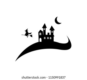 witch and castle on white background, silhouette vectors.