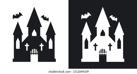Witch castle silhouette, halloween illustration. Two-tone vector icon on black and white background
