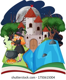 Witch and castle tower with pop up book cartoon style on white background illustration
