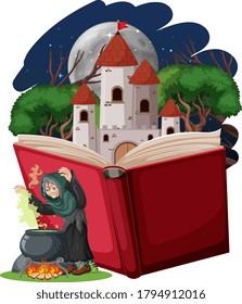 Witch and castle tower with pop up book cartoon style on white background illustration