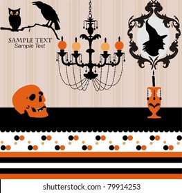 Witch castle,Spooky castle with Jack O'Lanterns chandelier, owl, and skull with witch portrait, detailed background.