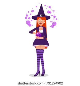 The witch casts spells over the magic ball.