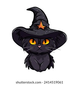 Witch cat. Black cat. Happy Halloween. Cute Cartoon black kitten in a halloween hat