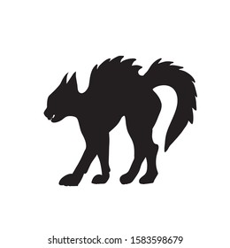 Witch cat black silhouette. Vector illustration of an angry cat arching his back. 