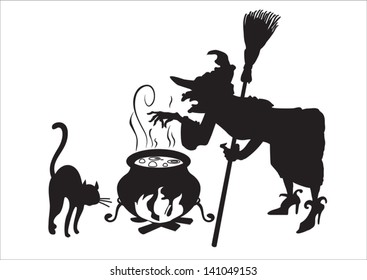 Witch with cat and broom. Witch brews a magic potion in a cauldron. Silhouette on a white background.