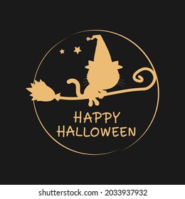 Witch cat, broom and hand written font gold color on dark background vector illustration. Happy Halloween.