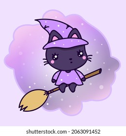 Witch cat with a broom on a purple background. Halloween.
