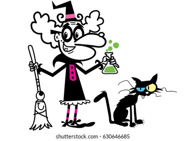 The witch with a cat, a broom, and poison