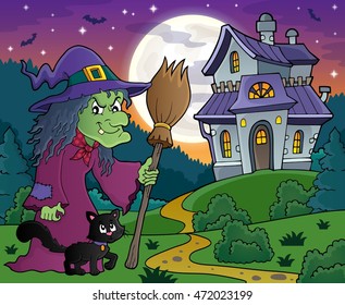 Witch with cat and broom theme image 4 - eps10 vector illustration.