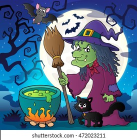 Witch with cat and broom theme image 2 - eps10 vector illustration.
