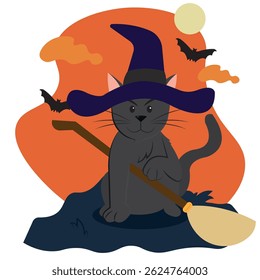 Witch cat with broomstick. Vector illustration