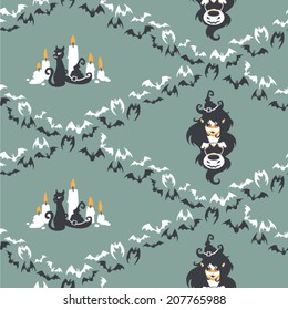 Witch, cat and candles. Halloween vector seamless pattern.