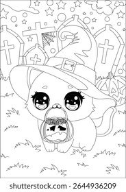 Witch Cat With Candy Basket Coloring Page Halloween Line Art