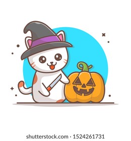 Witch Cat Carve Pumpkin Vector Icon Illustration. Cat And Pumpkin, Halloween Icon Concept White Isolated. Flat Cartoon Style Suitable for Web Landing Page, Banner, Sticker, Background