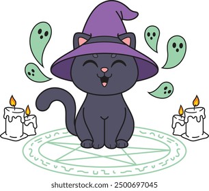 Witch cat casting spell vector illustration