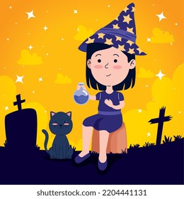 witch and cat in cemetery