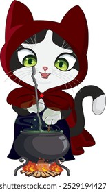 Witch cat doing witchcraft illustration, Halloween costume character