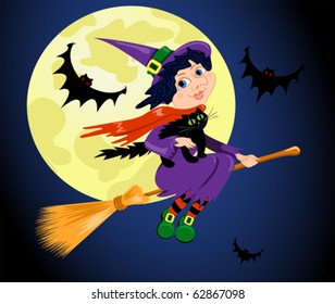 The witch with a cat flies on the sky. Halloween vector illustration.