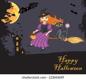 Witch and a cat flying on a broom against the night sky, the terrible home and vampires