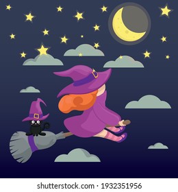 witch with a cat flying on a broom art vector