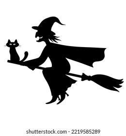 Witch with cat are flying on a broom. Silhouette. Vector.