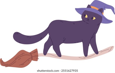 Witch cat flying on broom. Spooky kitten in magic hat isolated on white background