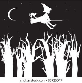 Witch and cat flying on broom above trees silhouette