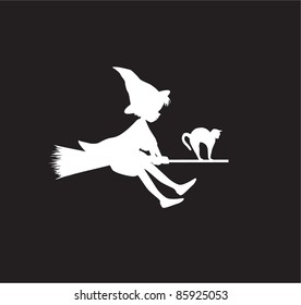 Witch and cat flying on broom black background