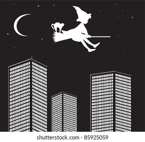 Witch and cat flying on broom above buildings silhouette