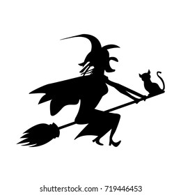 witch and cat are flying on a broomstick