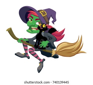 A witch and cat flying on a broomstick. Halloween vector illustration.