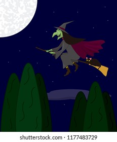 Witch with a cat flying on her broom in halloween over a forest of cypresses.
