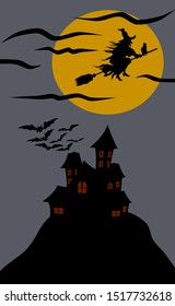 Witch with Cat flying over a castle