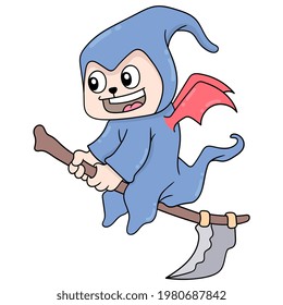a witch cat is flying riding a magic broomstick, vector illustration art. doodle icon image kawaii.