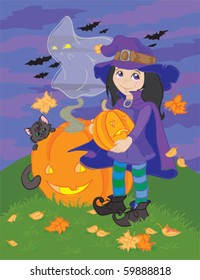  	Witch, cat, ghost and pumpkins