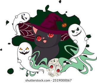 Witch cat with ghost and skull friends