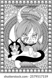 Witch with cat halloween coloring page for adult vector