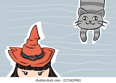 Witch and cat Halloween cute pastel cartoon card