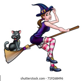 Witch and cat Halloween friendly cartoon characters flying on a broomstick
