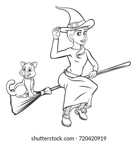 Witch and cat Halloween friendly cartoon characters flying on a broomstick